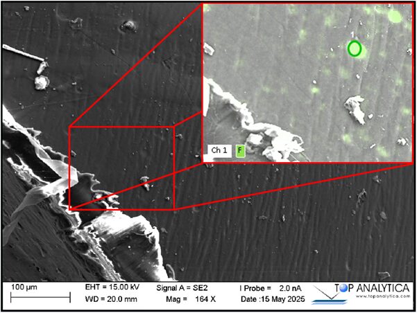 Figure 1. In a sample of recycled plastic, we identify high-fluorine regions in shallow pits with a diameter of 10-20 µm using SEM-EDS